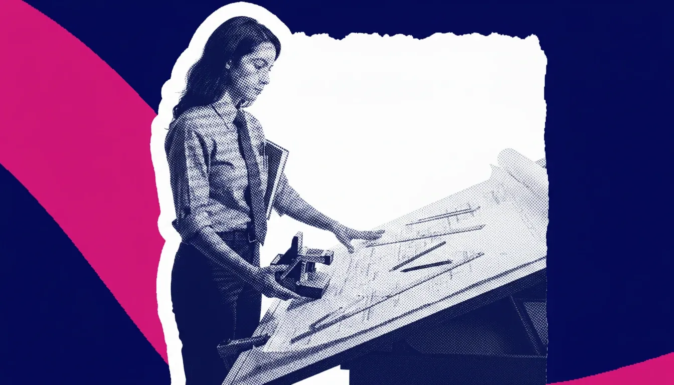 A 1950s-era architect working at a drafting table over blueprints, drafting tool in hand.