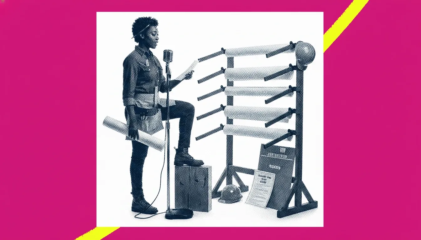 A 1950s-era construction supervisor at a site safety briefing, beside a site-office drawing rack.