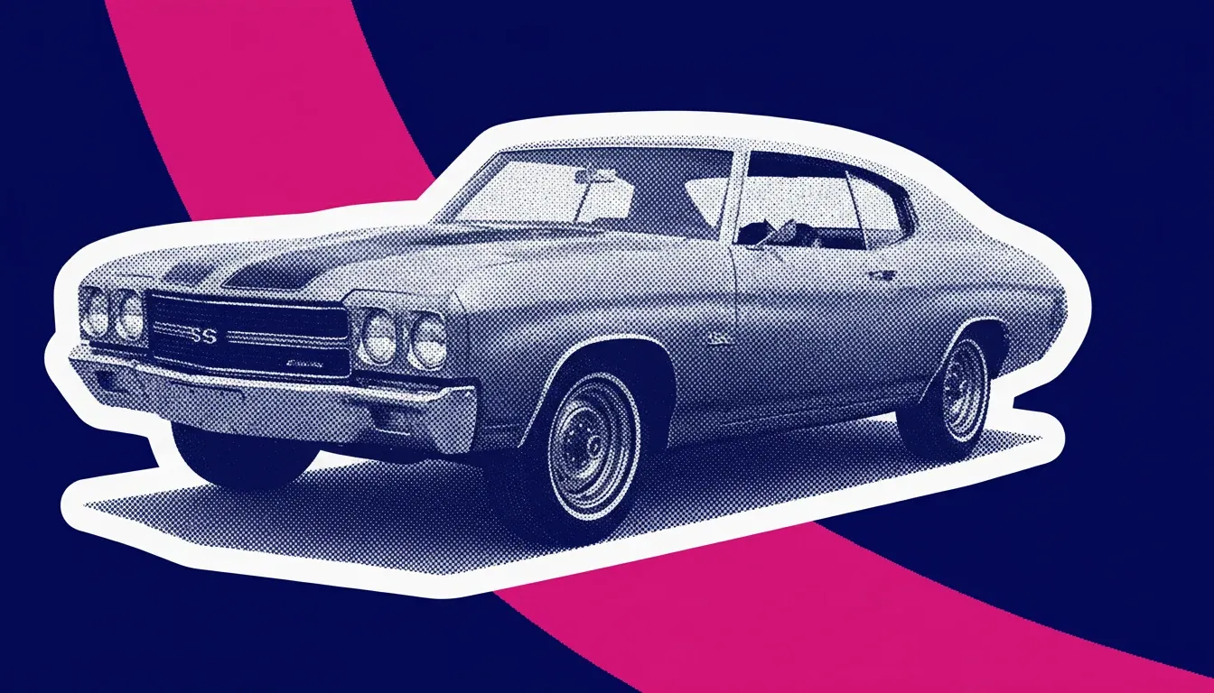 A 1950s product photograph of 1970 Chevelle SS 454, isolated on a pure white backdrop.